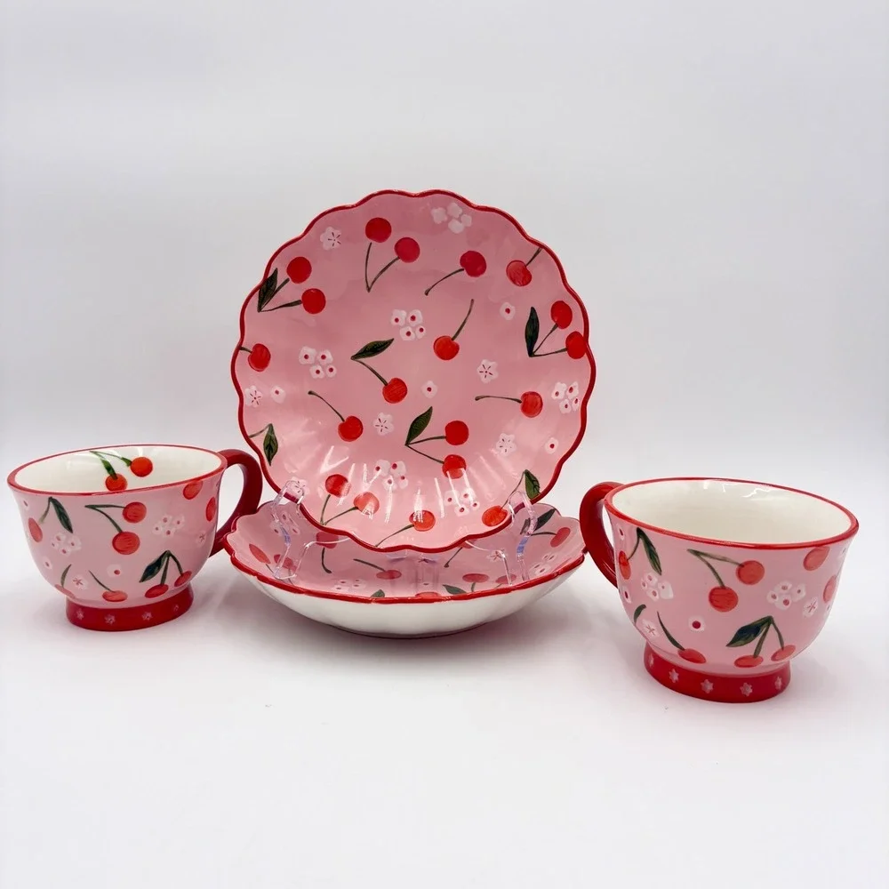 Potters Studio Cherry Blossom Bowl Cup Set Pedestal Mug Plate Pink Cottagecore